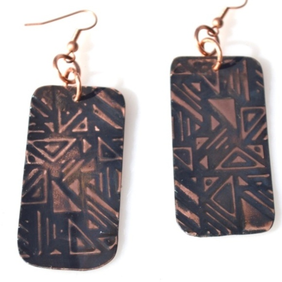 Copper Earrings Embossed Geometric Handmade Tribal